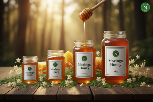 Nalvazhi Moringa Honey all 4 sizes 100g 250g 500g 1kg jars with moringa leaves and cream white flowers