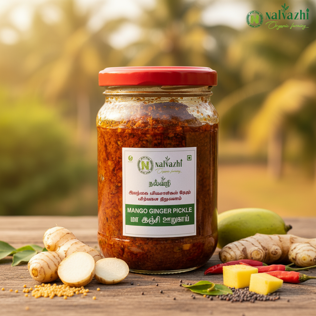 Nalvazhi Maa Inji Oorugai jar with fresh mango ginger rhizomes and Nalvazhi label