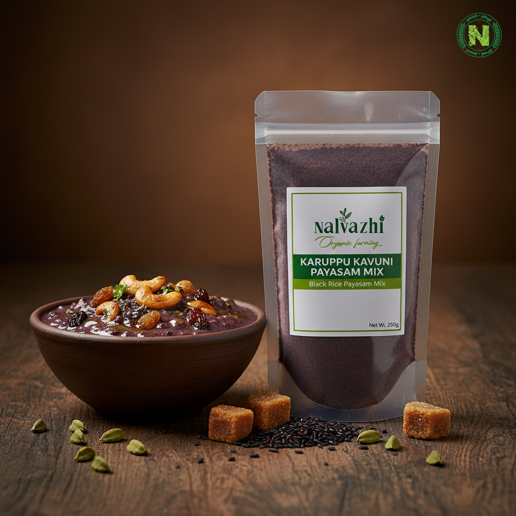 Nalvazhi Karuppu Kavuni Payasam Mix tall packet on rustic dark wooden surface with creamy payasam bowl and black kavuni rice grains