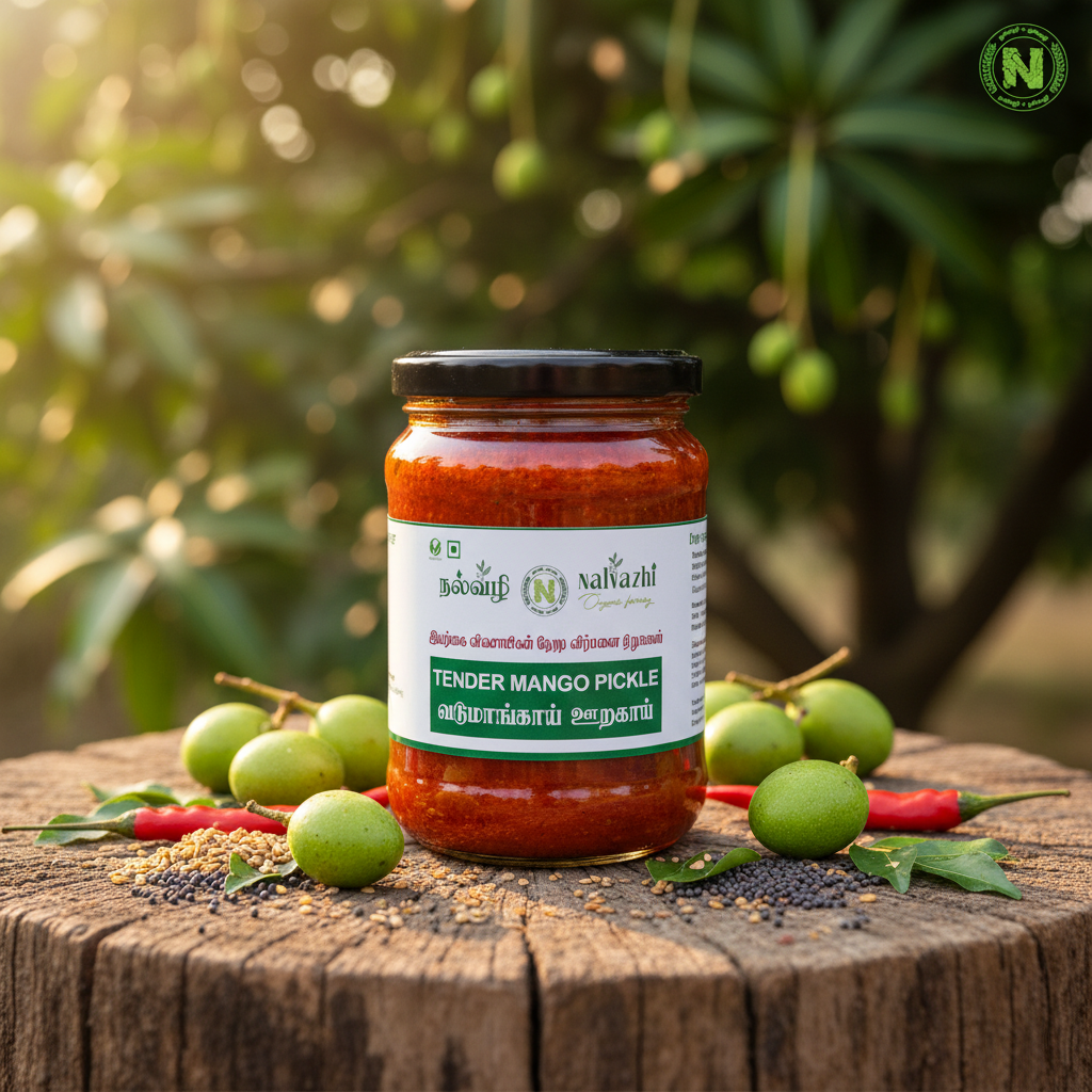Nalvazhi Vadumangai Oorugai jar with tender baby mangoes and Nalvazhi label