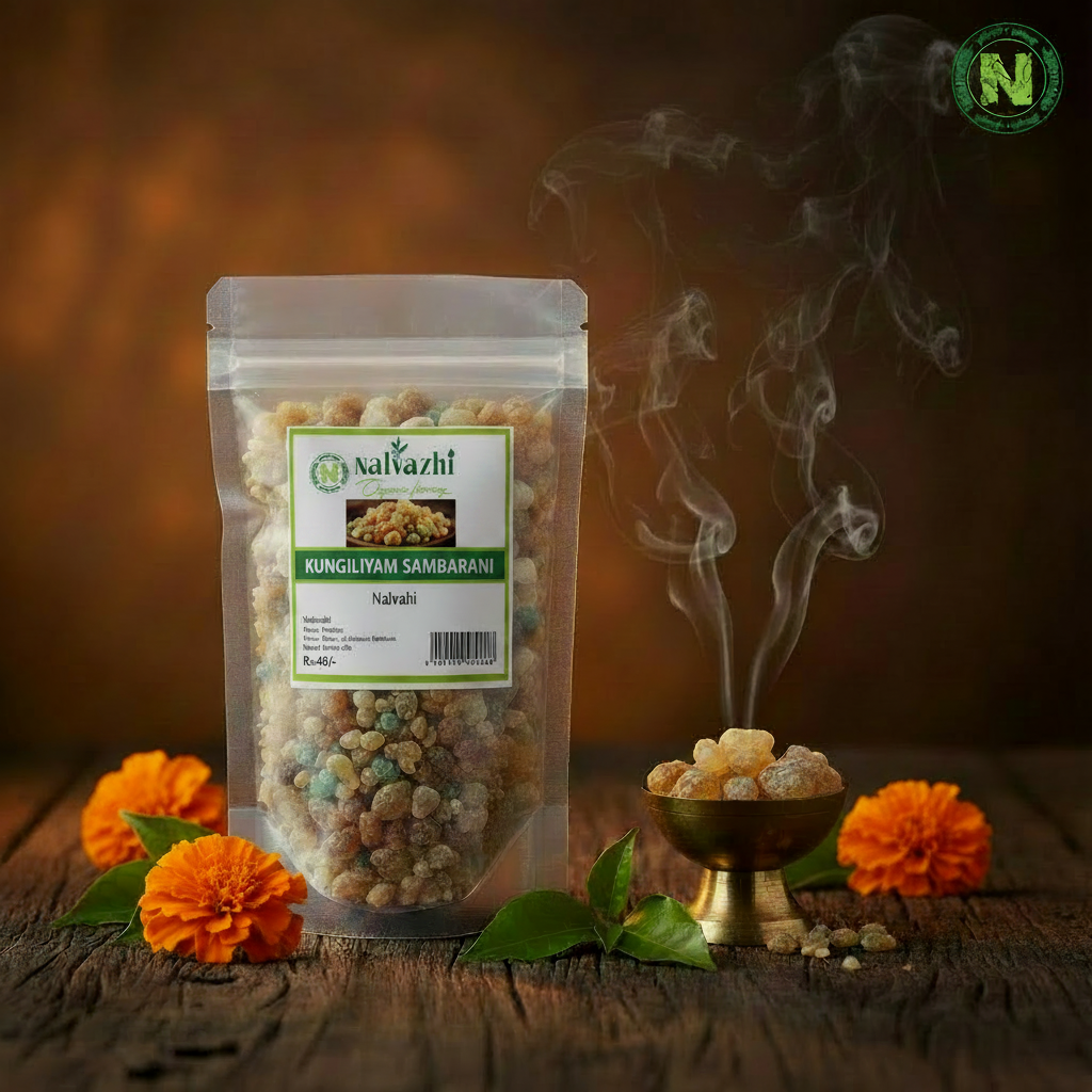 Clear transparent packet of Kungiliyam Sambarani rough resin chunks with Nalvazhi English label showing product image and green banner on dark wooden surface