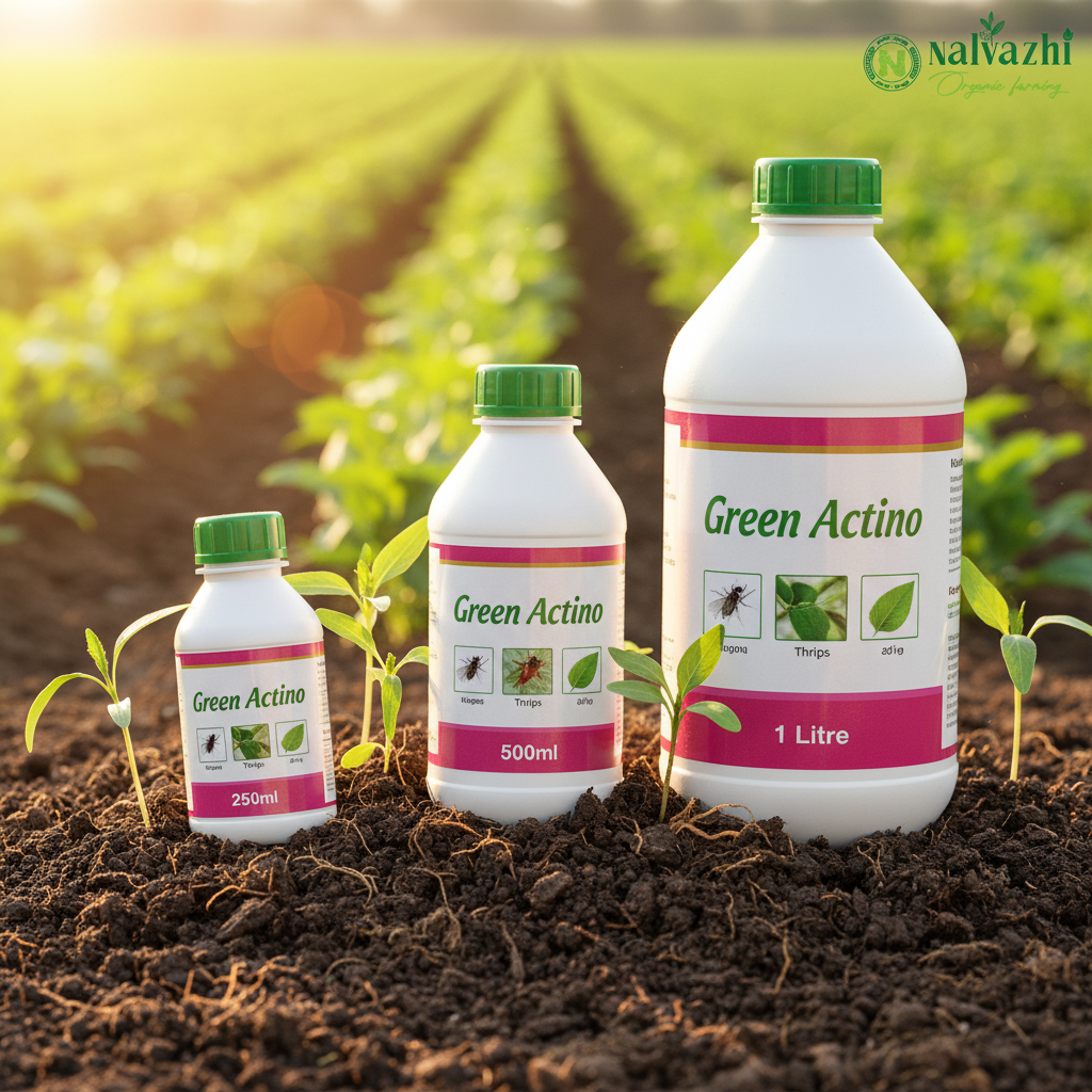 Nalvazhi Green Actino Actinomyces Bio Fertilizer - 250ml, 500ml and 1 litre bottles combined on fertile soil