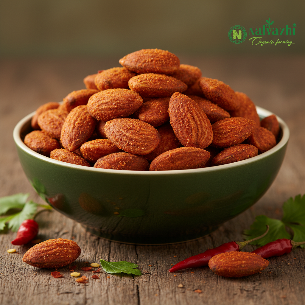 Peri peri seasoned almonds in a bowl with Nalvazhi Organic Farming logo