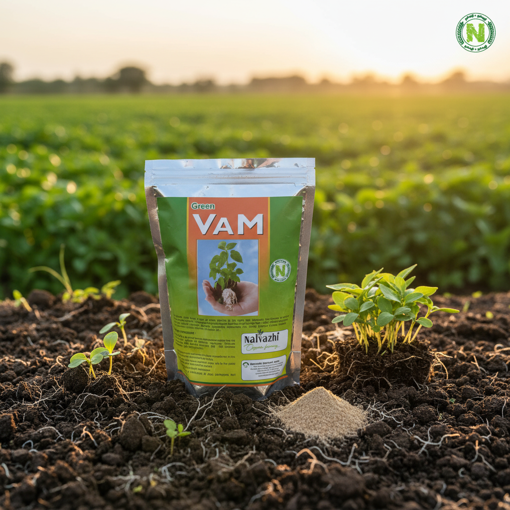 Nalvazhi VAM Vesicular Arbuscular Mycorrhiza 1kg green foil pouch on fertile soil with mycorrhizal roots and farm background