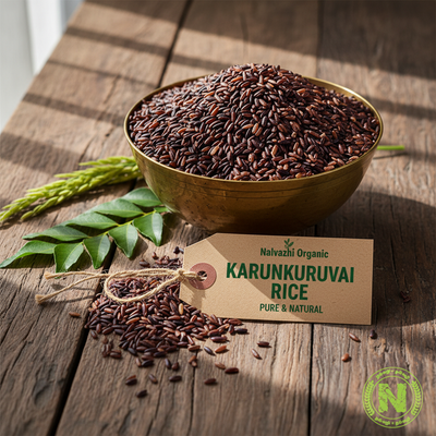 Karunkuruvai black rice in brass uruli bowl with Nalvazhi logo and product tag