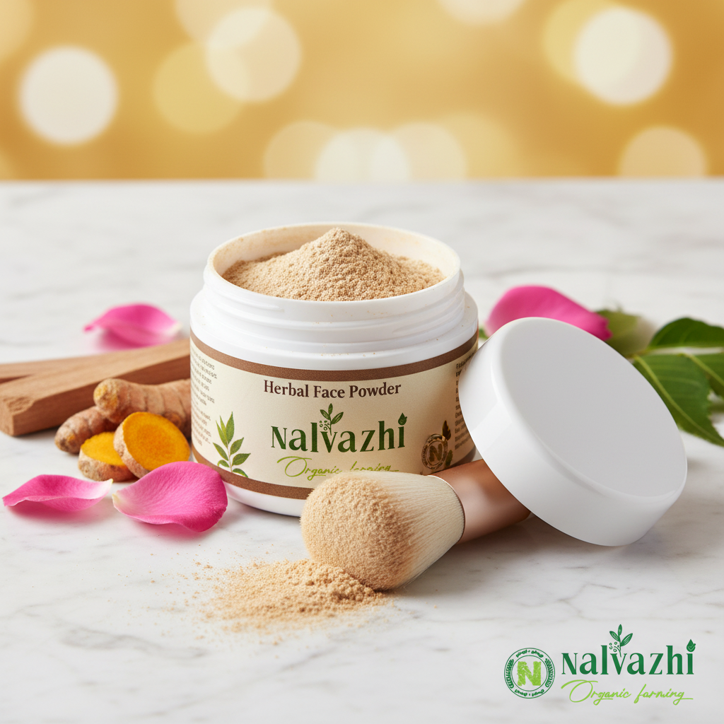 Nalvazhi Herbal Face Powder open jar with makeup brush showing fine silky powder texture with rose petals sandalwood and neem leaves