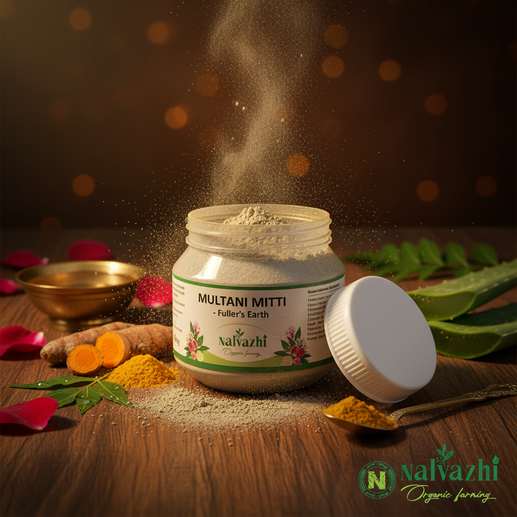 Nalvazhi Multani Mitti Fuller's Earth in round squat jar with open white ribbed cap powder spilling on dark wooden surface with rose petals turmeric neem aloe vera and brass spoon