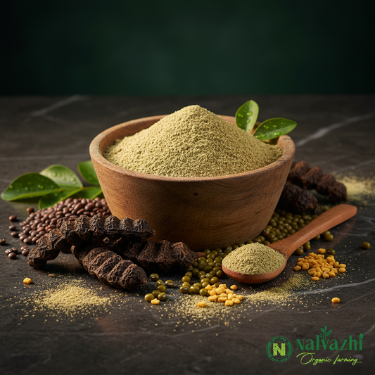 Nalvazhi Organic Shikakai Powder with horse gram, green gram and methi seeds in wooden bowl on dark green background