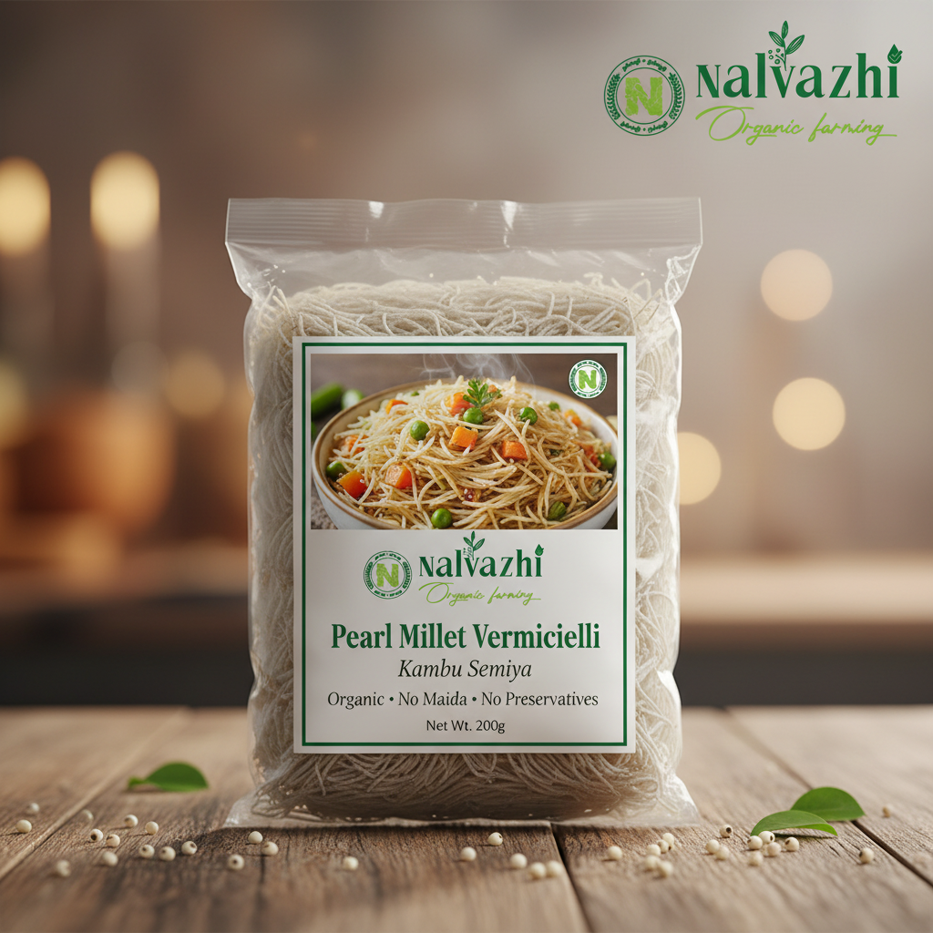 Pearl Millet Kambu Vermicelli in clear packet with Nalvazhi branded sticker showing cooked semiya