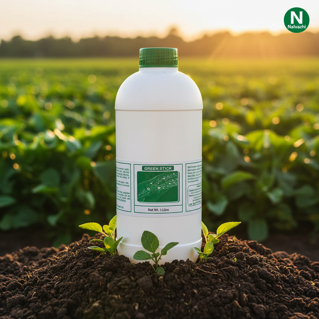 Nalvazhi Green Stick Organic Sticker Spreader 1 Litre bottle in farm field