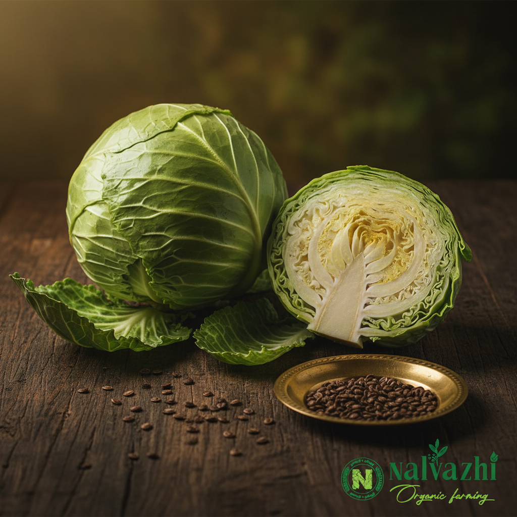 Cabbage (Muttaikose) cinematic shot with sliced half and tiny dark seeds in brass plate — Nalvazhi Organic native seeds
