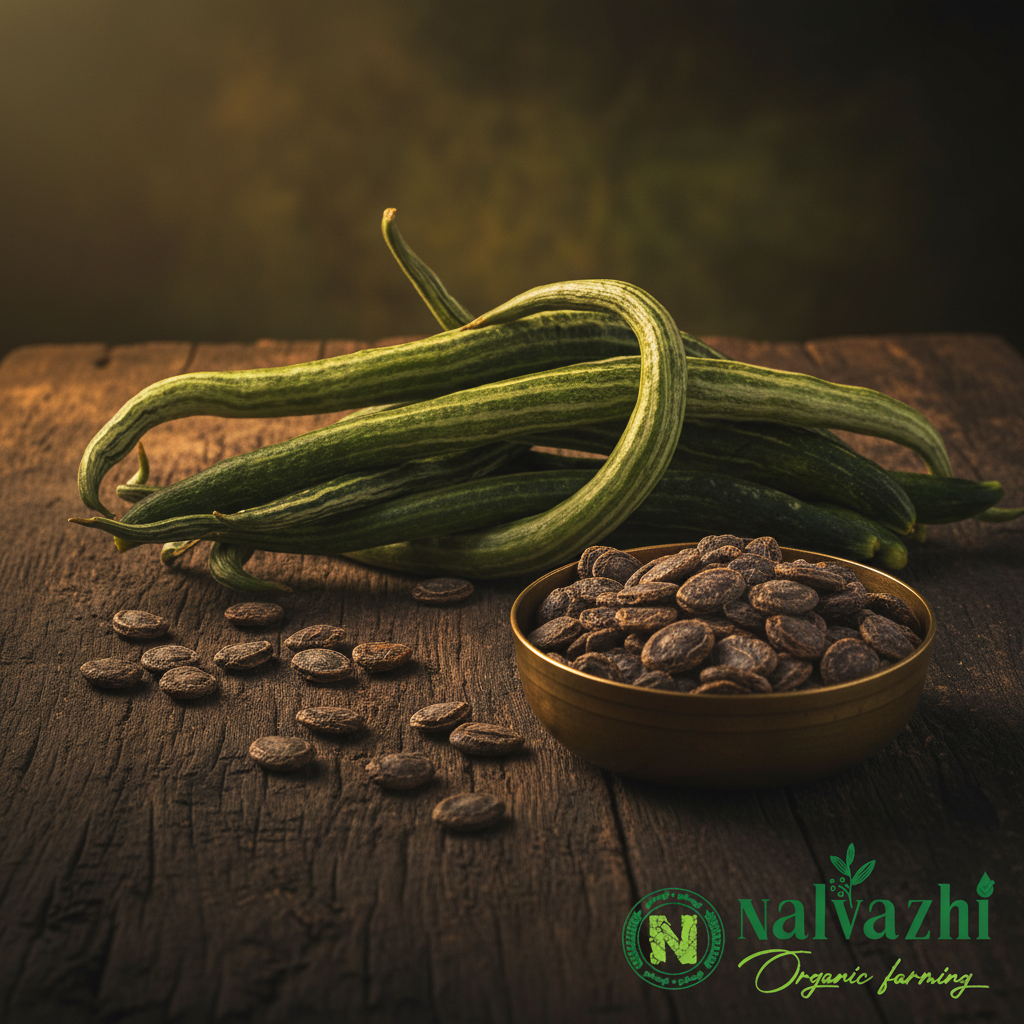Snake Gourd (Pudalankai) dark green striped with large brown wrinkled seeds in brass bowl — Nalvazhi Organic native seeds