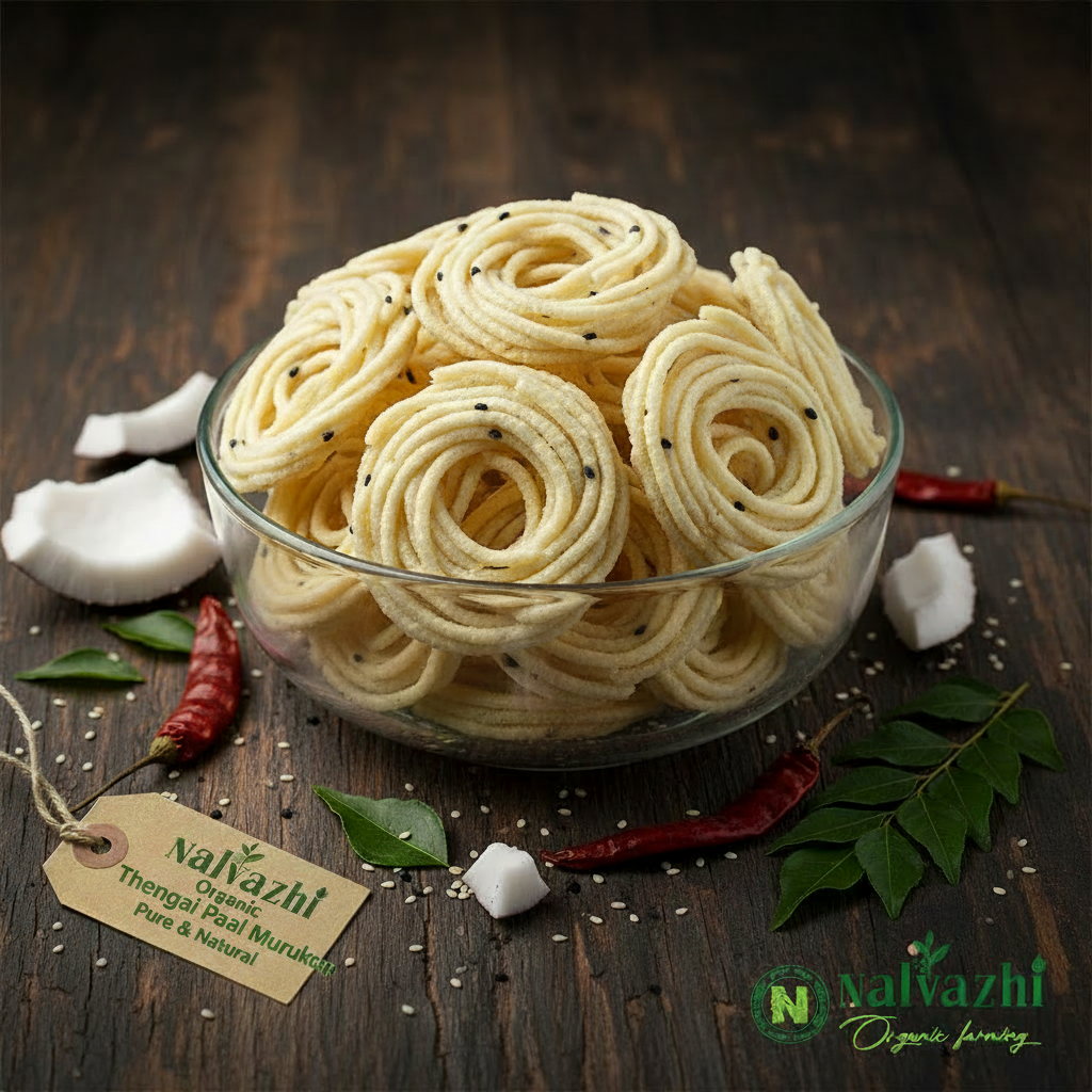 Thengai Paal Murukku in glass bowl with coconut pieces and sesame seeds - Nalvazhi Organic