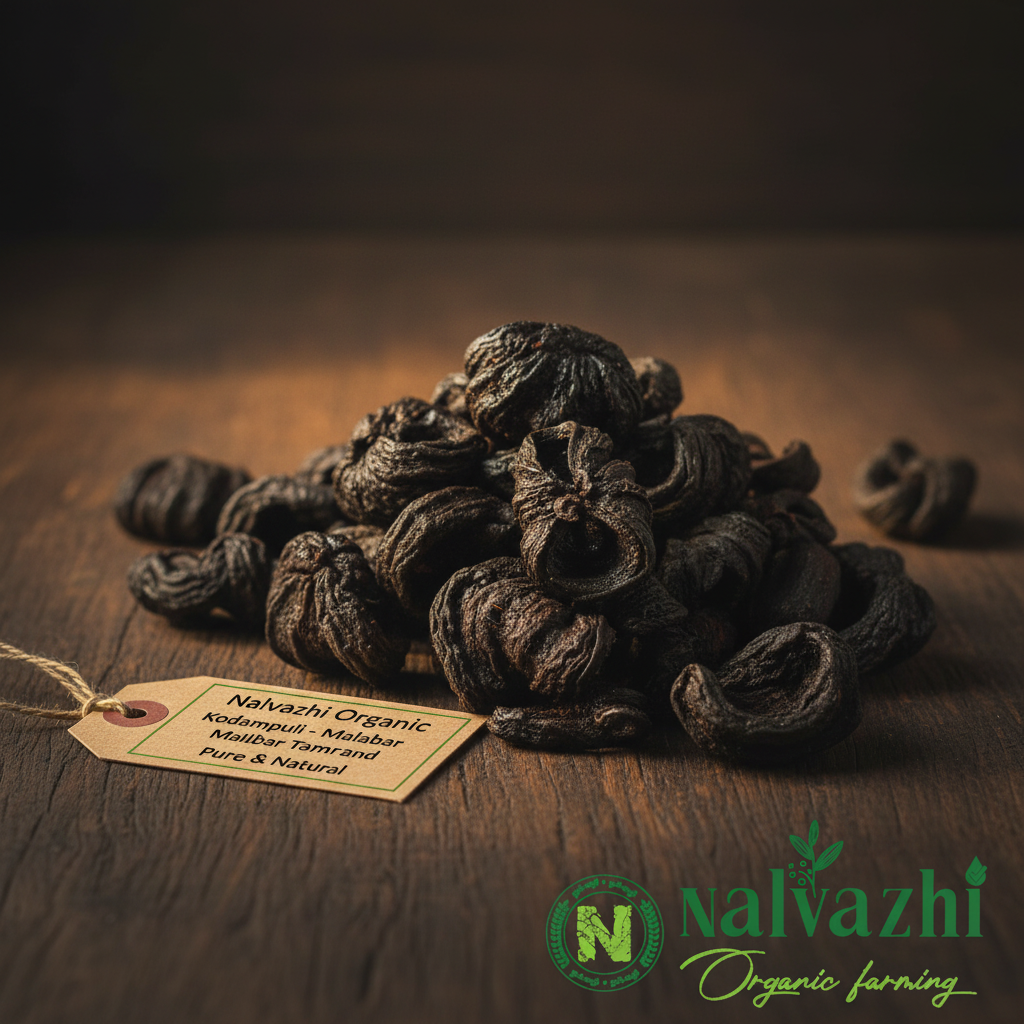Nalvazhi Organic Kodampuli Malabar Tamarind dried pods on dark wooden surface