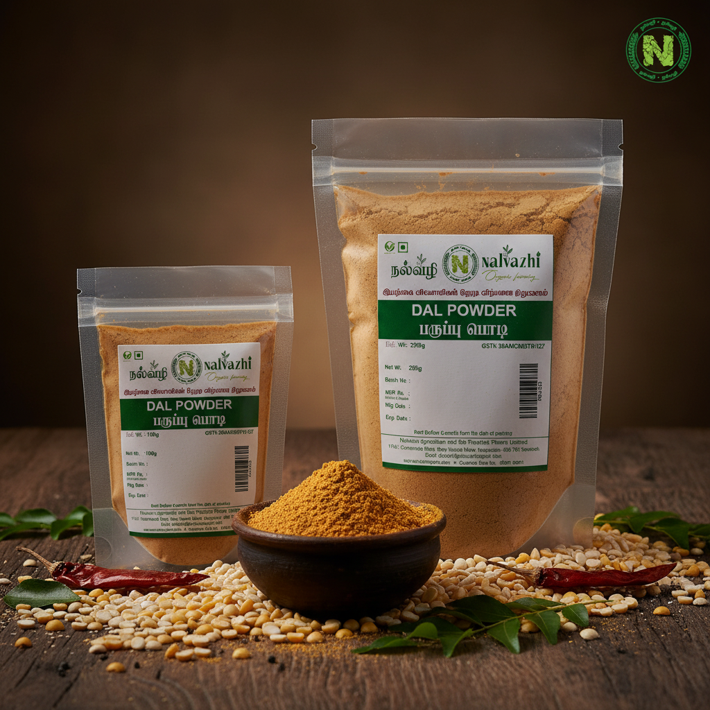 Nalvazhi Dal Powder 100g and 250g packets side by side on rustic dark wooden surface
