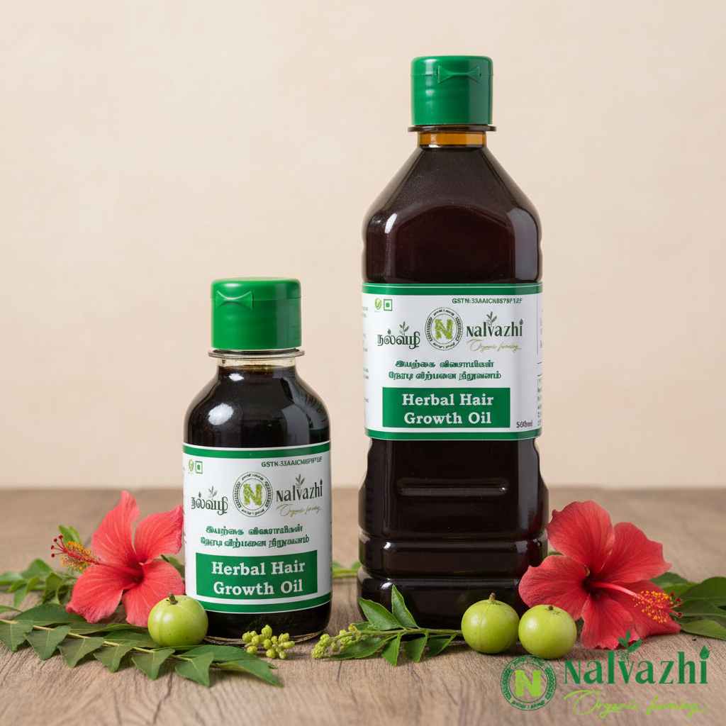 Nalvazhi Herbal Hair Growth Oil small round bottle and 500ml tall bottle together