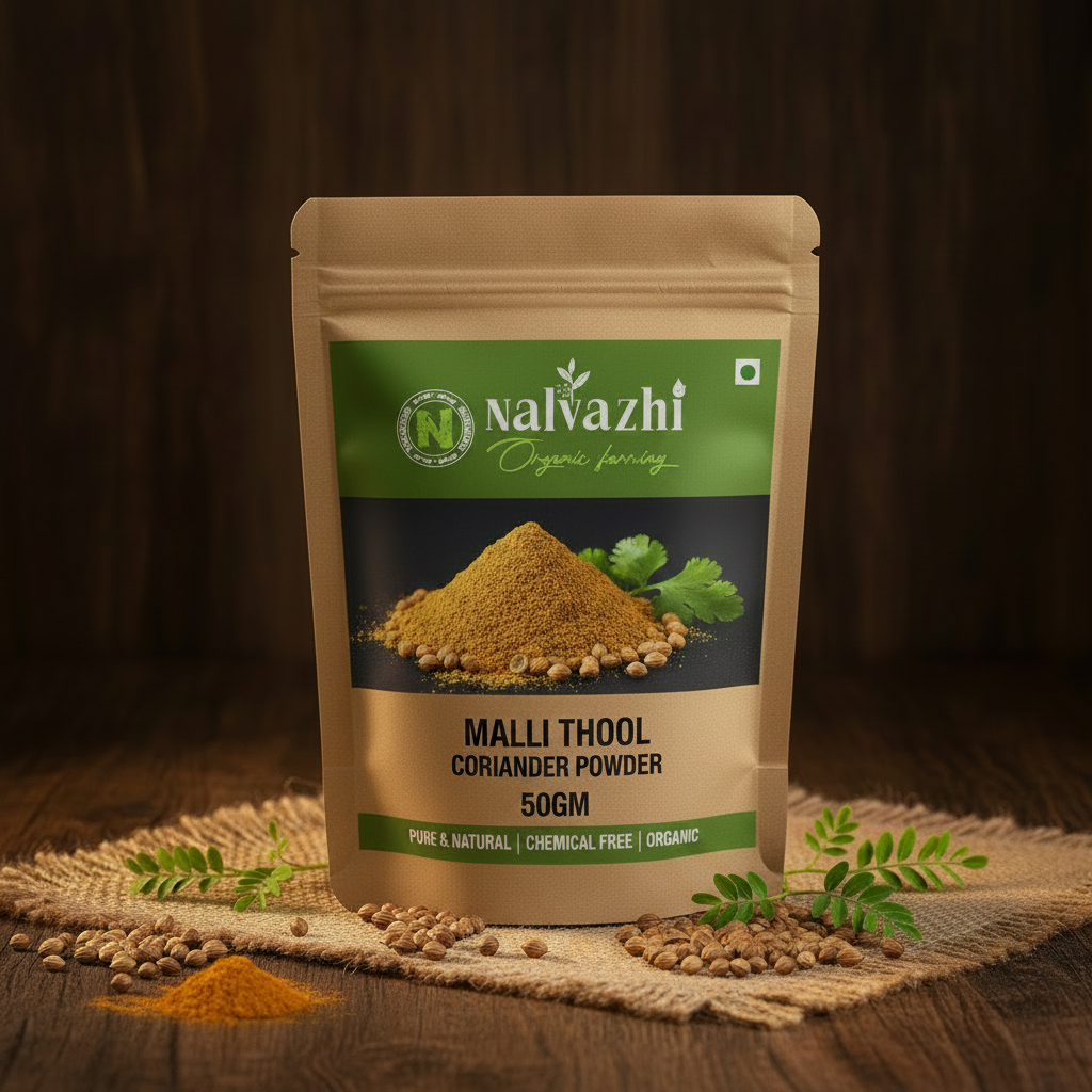 Nalvazhi Organic Malli Thool Coriander Powder 50g kraft standup pouch on jute mat