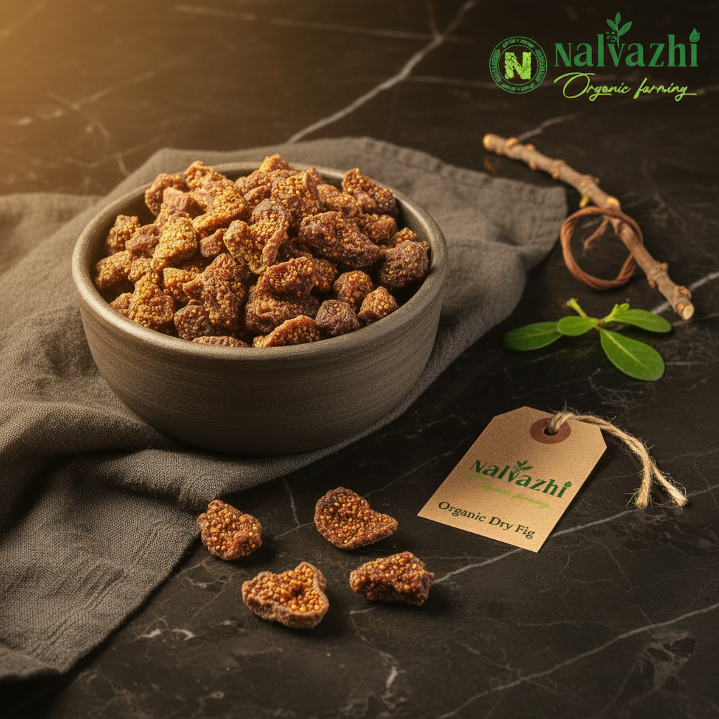 Nalvazhi Organic Dry Fig - elegant food photography with warm golden lighting