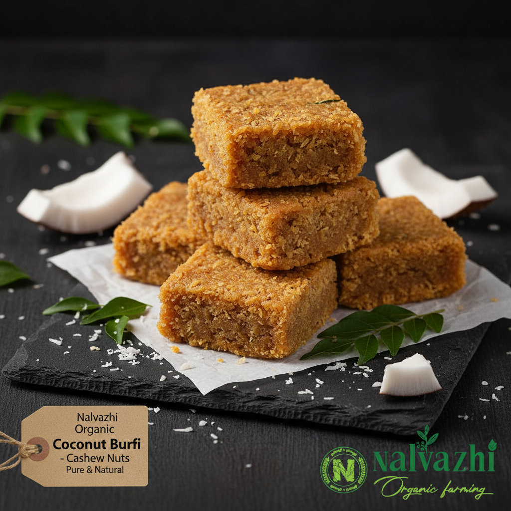 Organic Coconut Burfi Thengai Burfi golden squares on dark slate board with kraft tag and Nalvazhi logo
