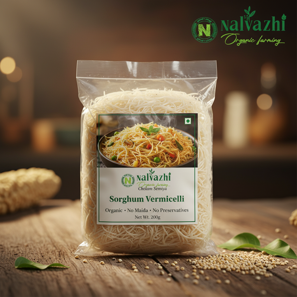 Sorghum Cholam Vermicelli in clear packet with Nalvazhi branded sticker showing cooked semiya