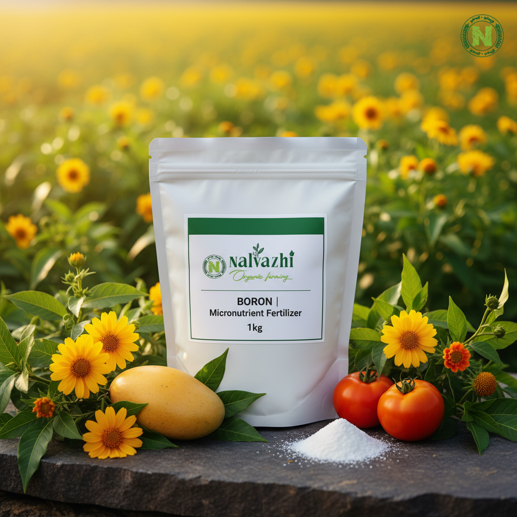 Nalvazhi Boron Micronutrient Fertilizer 1kg bag with flowering plants and farm background
