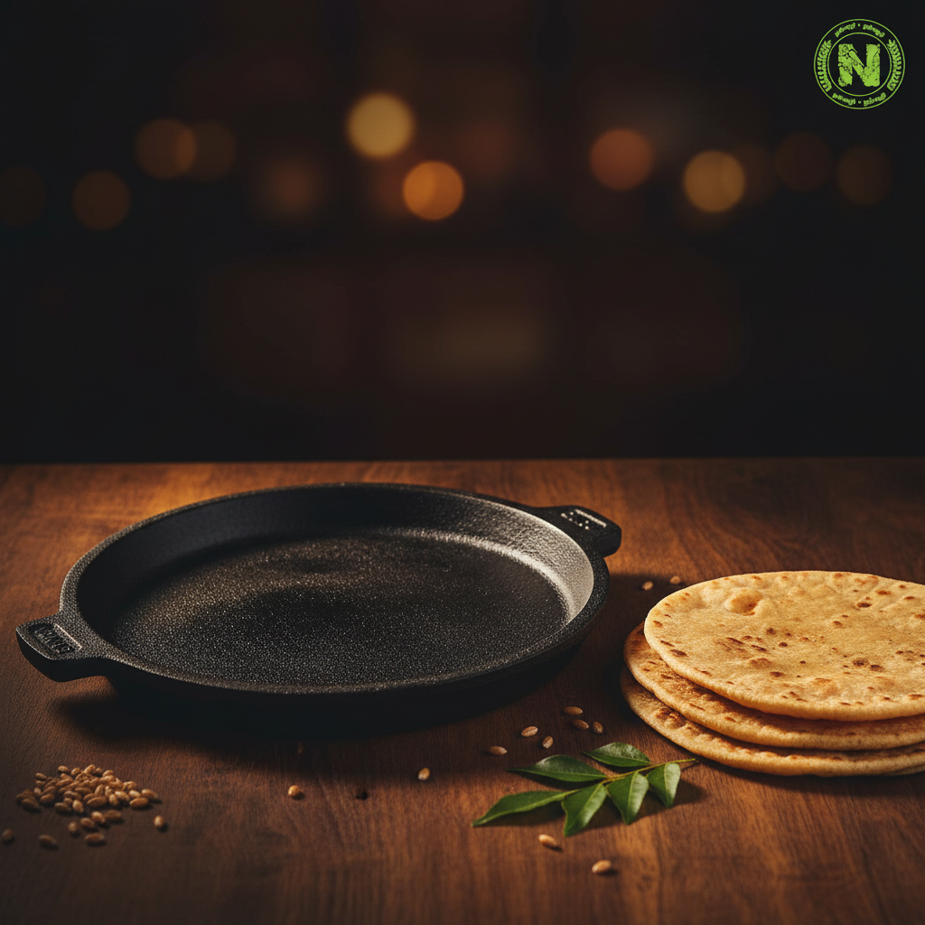 Traditional 10 inch cast iron chapati tawa with freshly made chapatis, wheat grains and curry leaves on dark rustic wooden surface