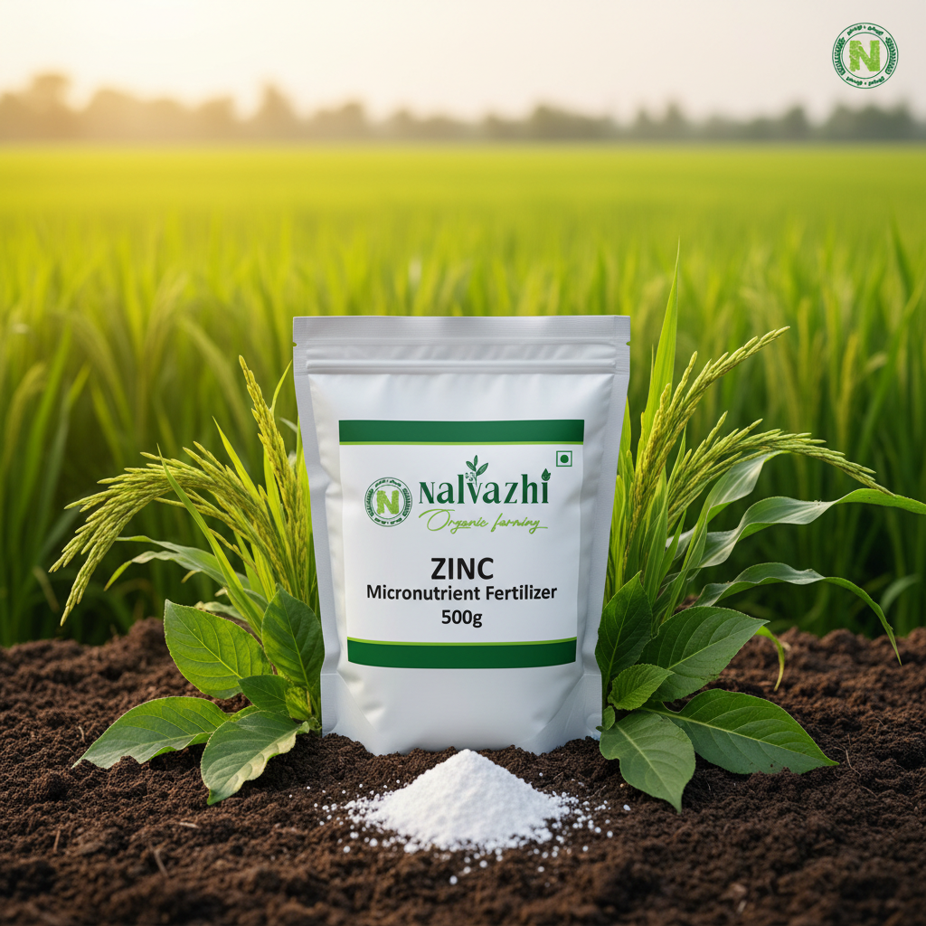 Nalvazhi Zinc Micronutrient Fertilizer 500g bag on fertile soil with paddy field background
