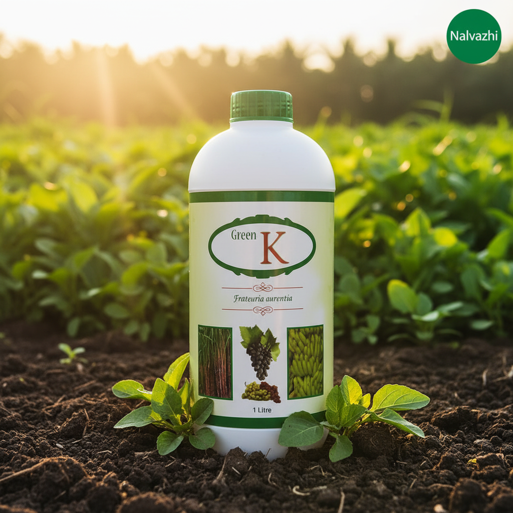 Nalvazhi Green K Bio Fertilizer 1 Litre bottle in farm field