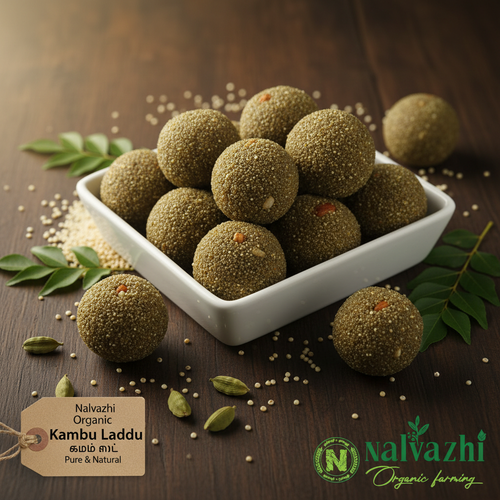 Nalvazhi Organic Kambu Laddu Pearl Millet Laddu olive green balls in white tray on dark wooden table