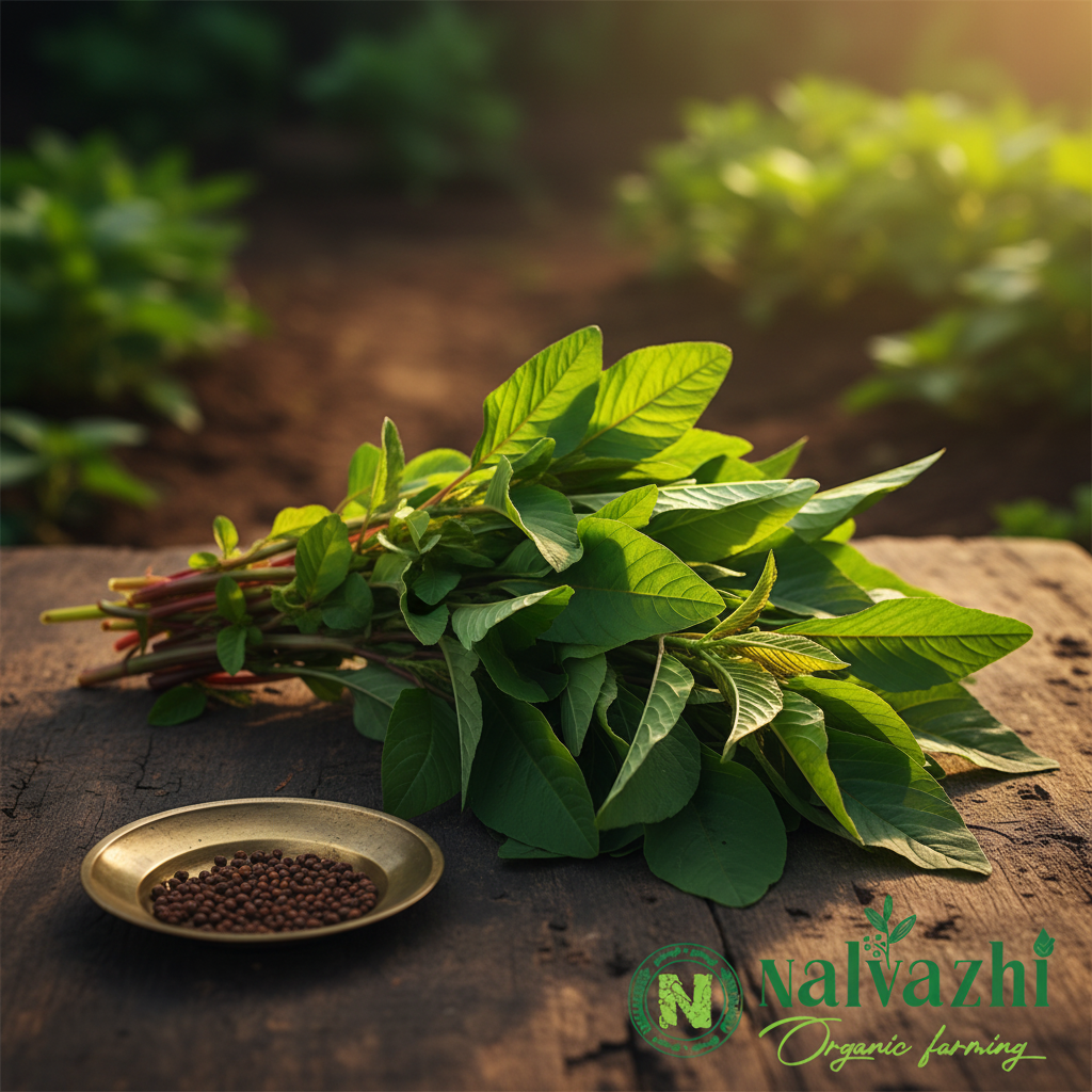 Fresh Arai Keerai (Amaranthus) leaves on rustic wooden surface — Nalvazhi Organic native seeds