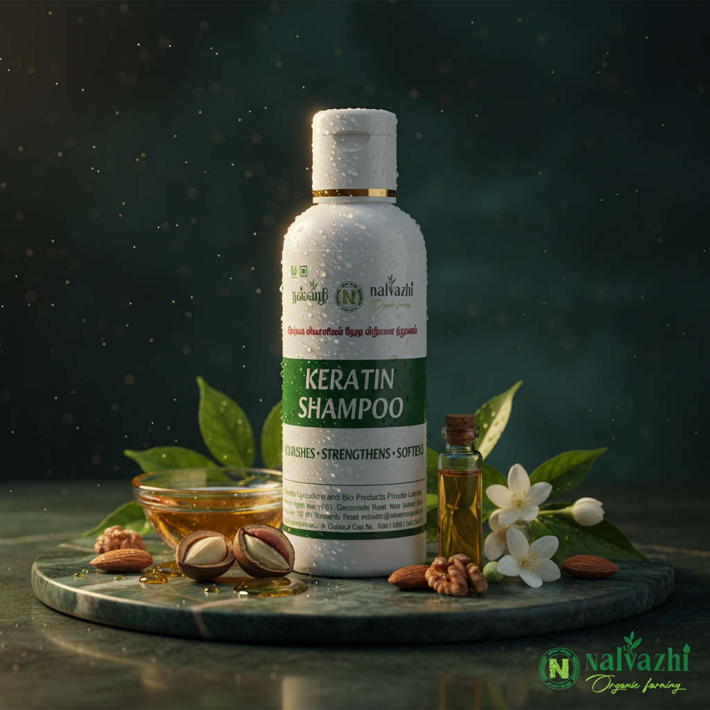 Nalvazhi Keratin Shampoo bottle with argan oil nuts herbal extracts biotin almonds jasmine flowers on dark emerald marble