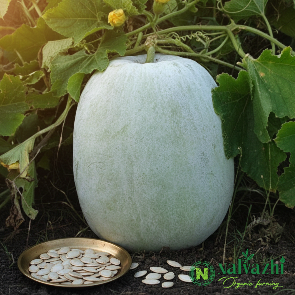 Poosani (White Pumpkin / Ash Gourd) cinematic farm shot with cream seeds in brass plate — Nalvazhi Organic native seeds