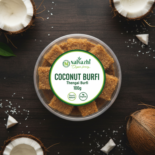 Organic Coconut Burfi 100gm transparent round box with white label