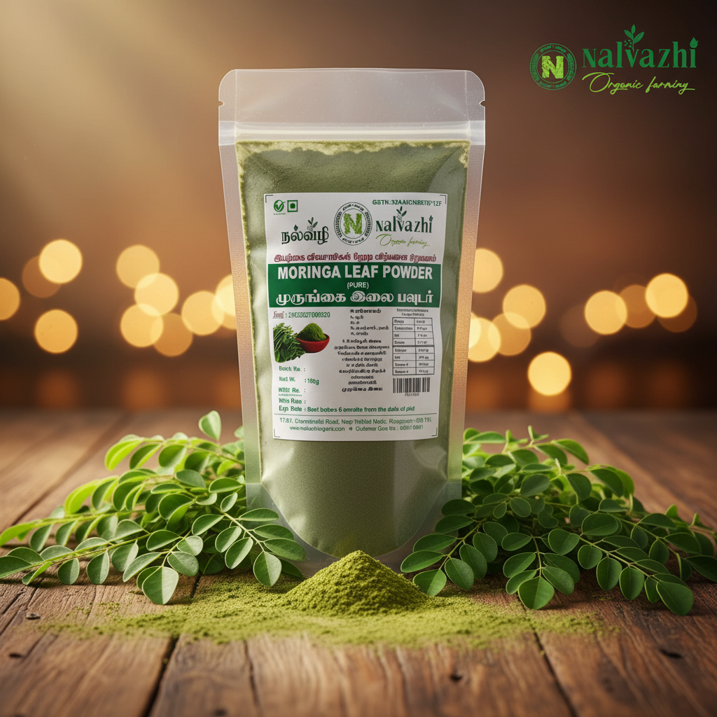 Nalvazhi Moringa Leaf Powder packet on rustic wooden surface with moringa leaves