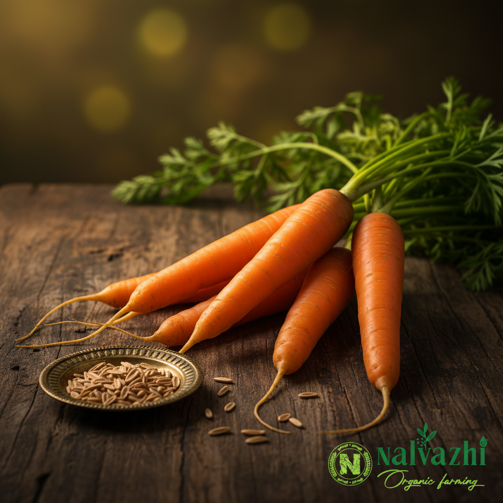 Carrot fresh bright orange with green leafy tops and tiny tan carrot seeds in brass plate — Nalvazhi Organic native seeds