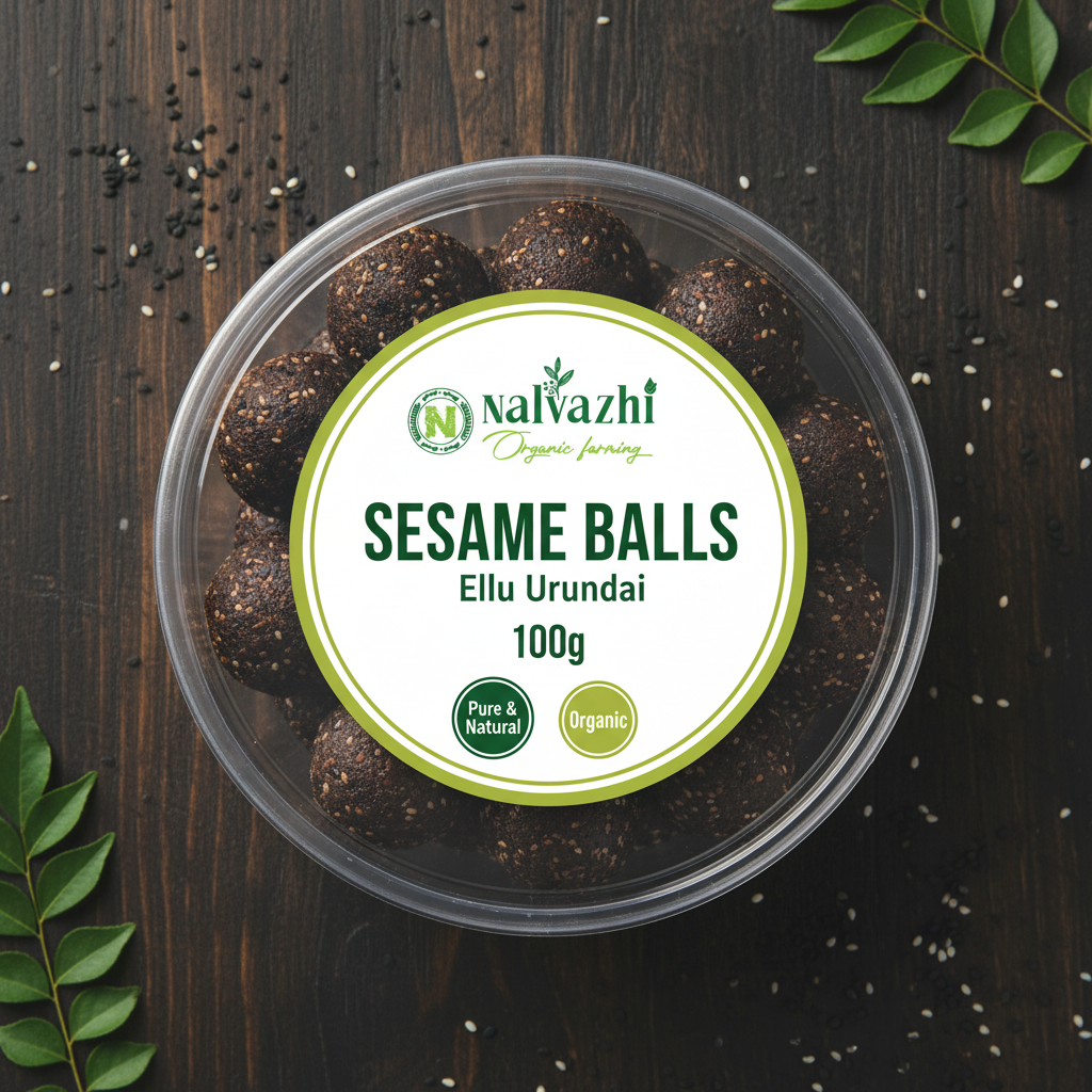 Nalvazhi Organic Sesame Balls Ellu Urundai 100gm transparent round box with white label
