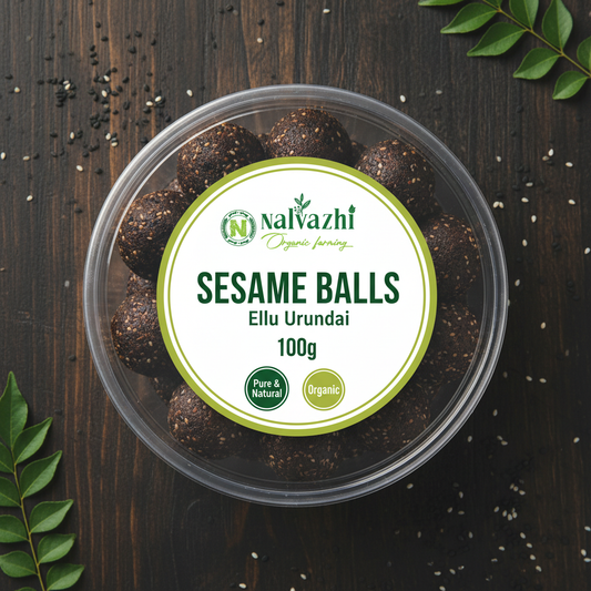 Nalvazhi Organic Sesame Balls Ellu Urundai 100gm transparent round box with white label