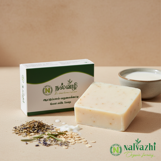 Nalvazhi Goat Milk Soap bar with packaging box and goat milk props