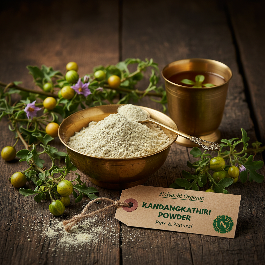 Kandangkathiri herbal powder in brass uruli with fresh green-yellow berries, purple flowers and brass tumbler of herbal decoction