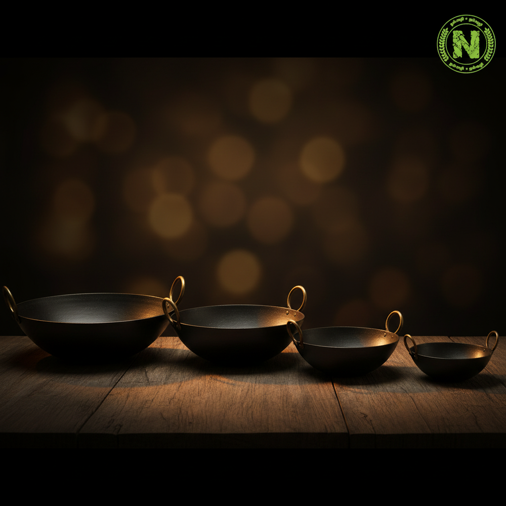 Four sizes of traditional cast iron kadai deep frying pan - 7 inch, 8 inch, 10 inch and 12 inch with curved bowl shape
