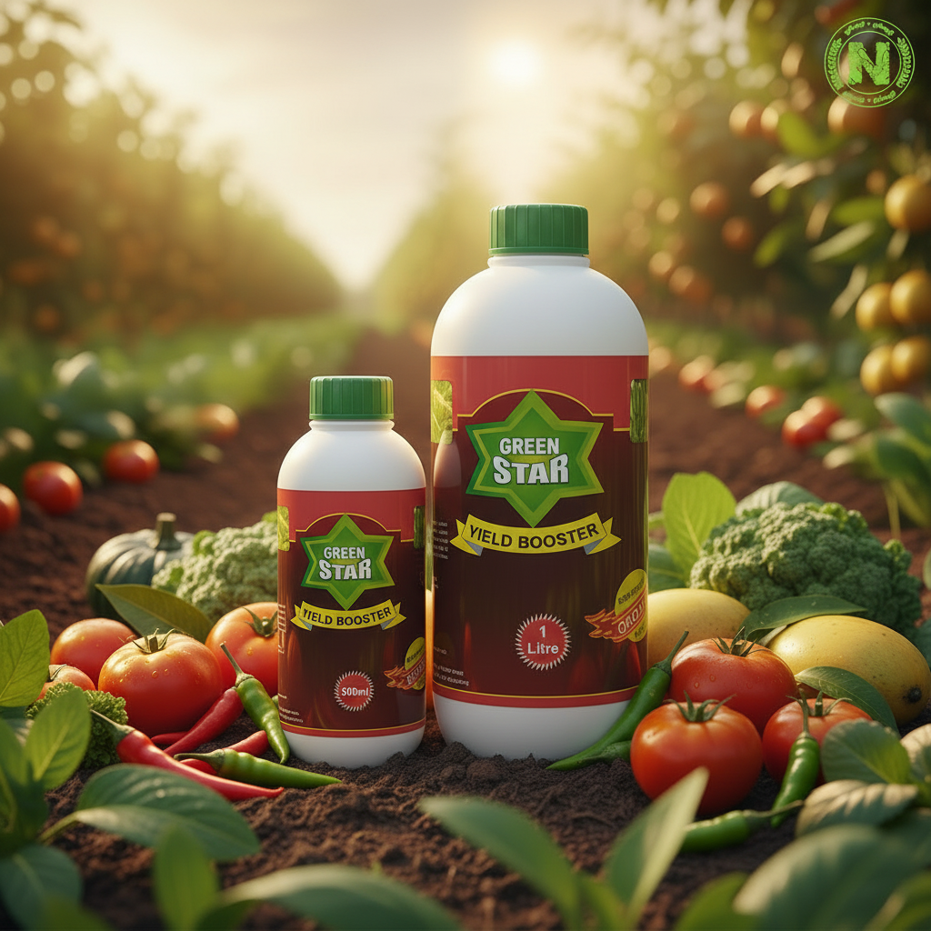 Nalvazhi Green Star Yield Booster - 500ml and 1 litre bottles combined on fertile soil with ripe fruits and farm background