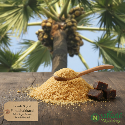 Nalvazhi Organic Panachakkarai Palm Sugar Powder with Palmyra palm tree background