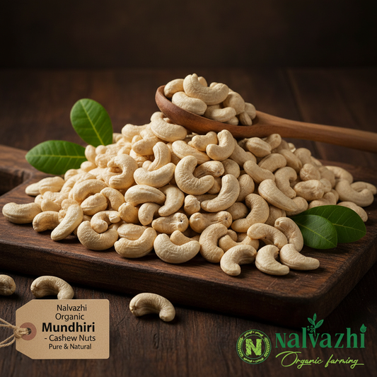 Nalvazhi Organic Cashew Nuts Mundhiri whole cashews on dark wooden surface with wooden spoon