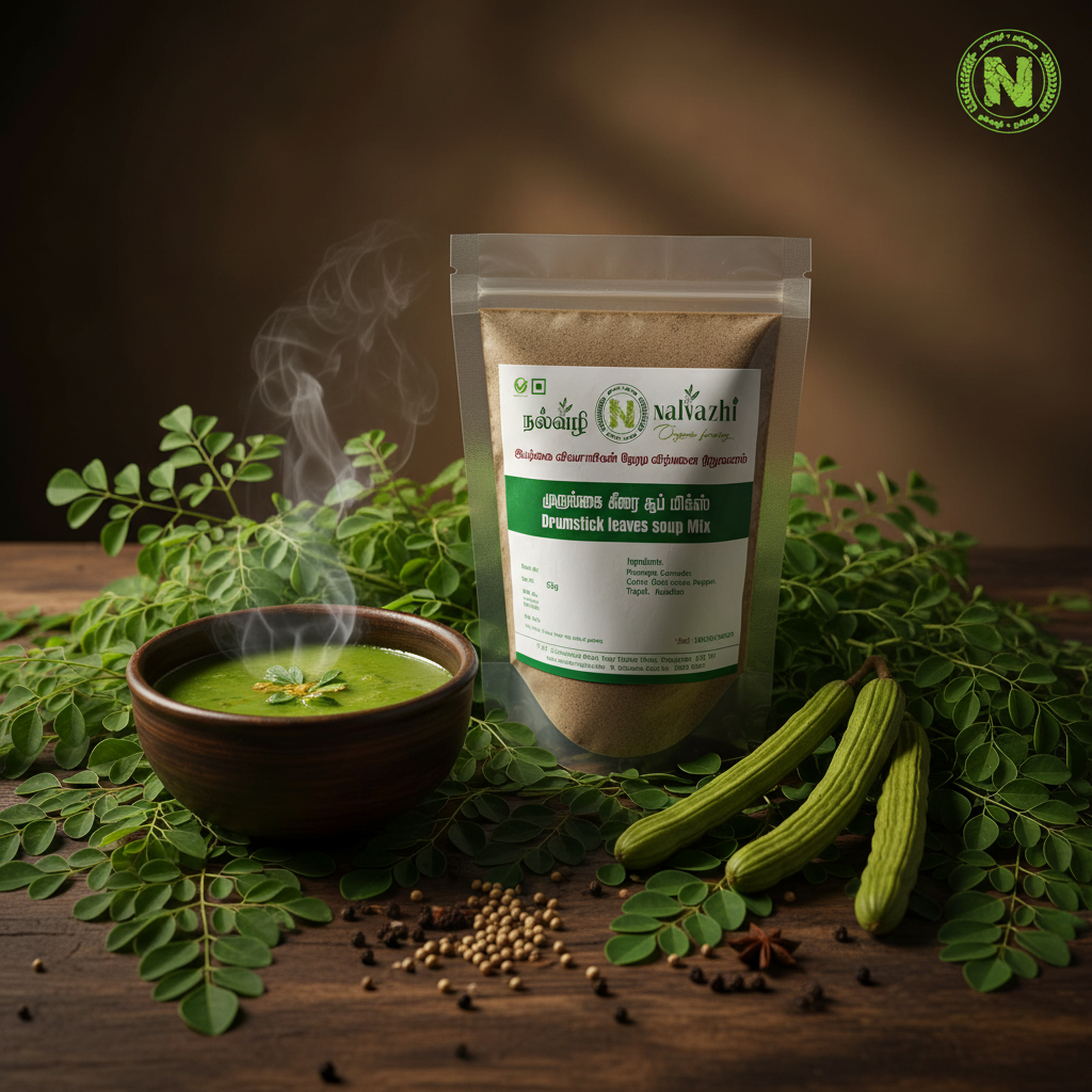Nalvazhi Drumstick Leaves Soup Mix packet on rustic dark wooden surface with abundant moringa leaves, drumstick pods and steaming soup bowl