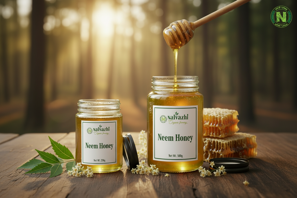 Nalvazhi Neem Honey 250g and 500g jars together with neem leaves and cream-white flowers on rustic wooden surface