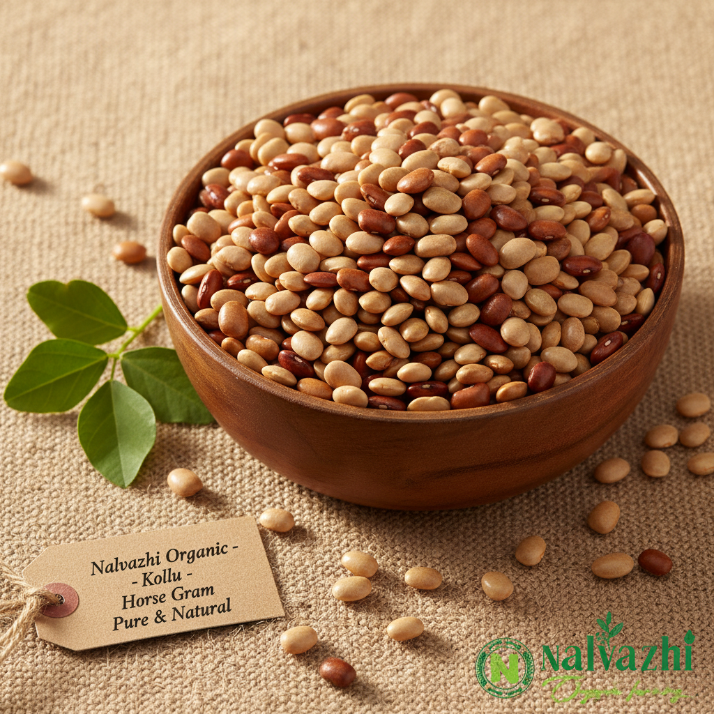 Nalvazhi Organic Horse Gram Kollu in wooden bowl with natural background