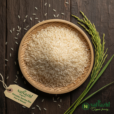Karudan Samba Rice in bamboo plate with paddy stalks - Nalvazhi Organic