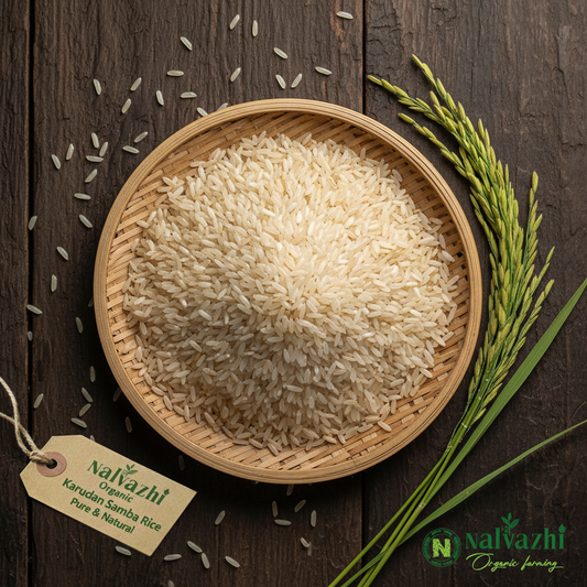 Karudan Samba Rice in bamboo plate with paddy stalks - Nalvazhi Organic