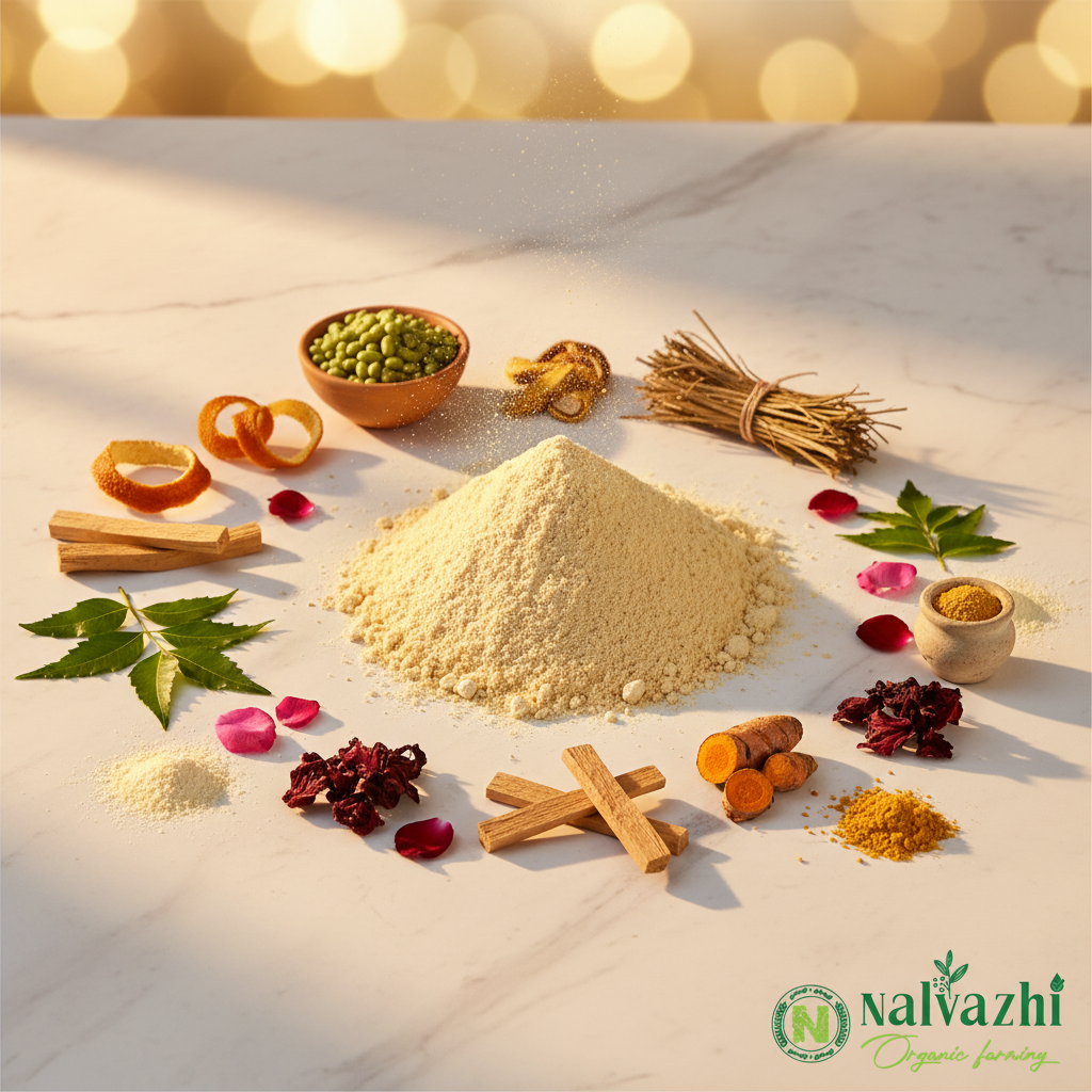 Nalvazhi Nalangu Maavu herbal bath powder with traditional South Indian ingredients green gram rose petals turmeric vetiver sandalwood neem