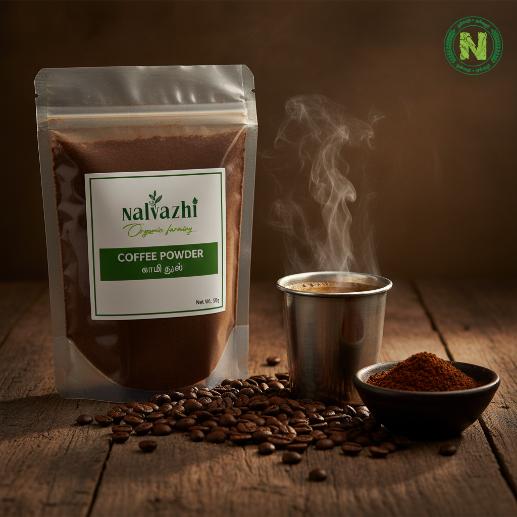 Nalvazhi Coffee Powder 50g packet on rustic dark wooden surface with roasted coffee beans and filter kaapi tumbler